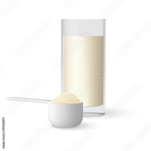 A realistic protein shake cup and white scoop with powder.