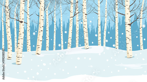 A wintery illustration of birch trees in a snowy scene, with blue background and falling snow