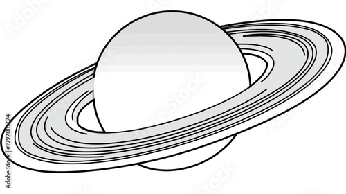 Stylized grayscale illustration of a cosmic ringed planet, a celestial body with orbiting rings, depicting outer space and astronomy.