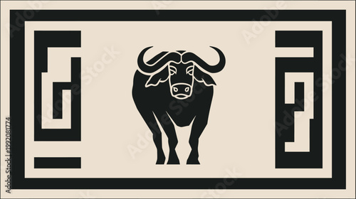 Powerful stylized buffalo or bull graphic emblem with traditional geometric border design. Strong animal symbol artwork.
