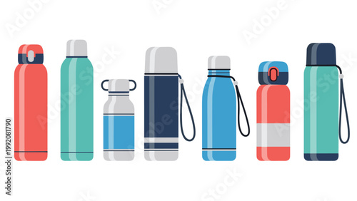 Set of various reusable water bottles and thermoses in different sizes and colors for eco friendly lifestyle and outdoor activities.