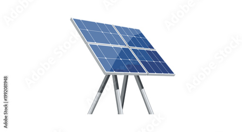 A single solar panel array featuring four glossy blue photovoltaic modules stands mounted on a sturdy tripod against a clean minimalist white background.