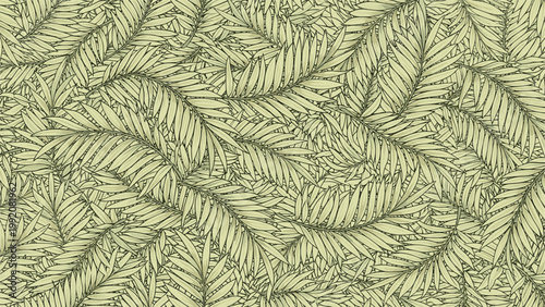 Lush tropical background featuring dense green fern leaves and palm fronds in a detailed and intricate seamless pattern.