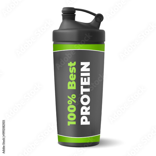 Protein plastic shaker black bottle vector realistic mockup, fitness bottle Best protein label container with flip lid