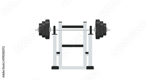 A heavy barbell loaded with multiple black weight plates rests securely on a sturdy silver squat rack against a pristine minimalist white background.