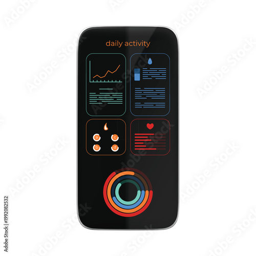 Mobile smartphone with tracking app on the screen, 3d vector fitness dashboard with daily activity, kcal, water, stress