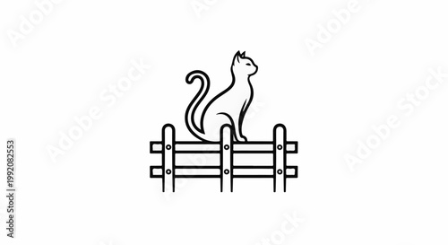 Stylized outline of a domestic cat perched atop a simple wooden fence