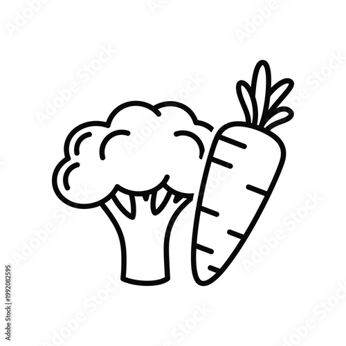 Fresh head of broccoli with a carrot icon rendered in a clean black outline style for healthy nutrition and wellness concepts