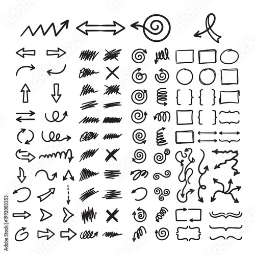 Bild auf Leinwand Hand drawn doodle arrows spirals and scribbles set for creative design