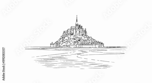 Sketch of a medieval island abbey atop a rocky outcrop surrounded by water