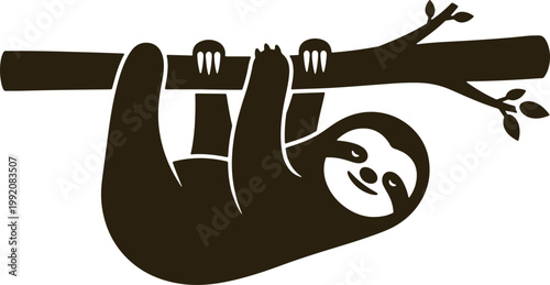 Brown silhouette of sloth hanging upside down on tree branch isolated on transparent background vector.