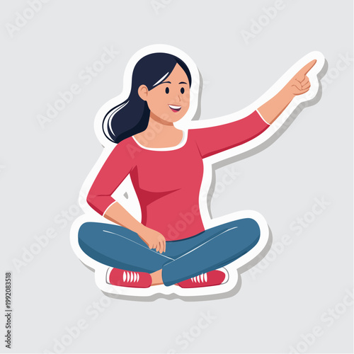Woman pointing up while sitting cross-legged