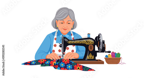 A happy senior woman with short grey hair meticulously operates a classic black sewing machine to create a vibrant floral patterned textile garment under bright indoor light.