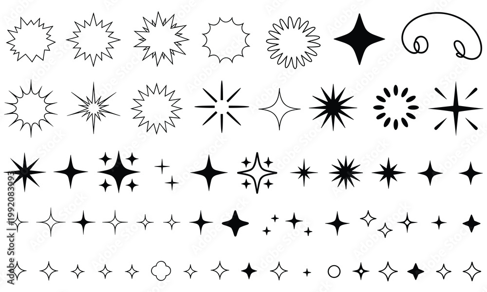 Fototapeta premium Hand-drawn black and white decorative sparkle and starburst elements set for design projects