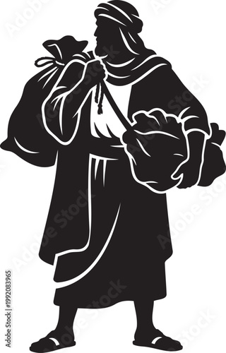 Traditional Silhouette of Middle Eastern Man Carrying Heavy Bags and Sacks Representing Merchant Traveler History Culture Heritage Bedouin Lifestyle Ancient Trade Routes Migration and Ethnic Folklore 