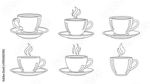 Set of six coffee or tea cup icons with saucers and steam in a clean black and white line art illustration style.