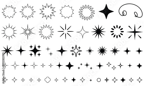 Hand-drawn black and white decorative sparkle and starburst elements set for design projects