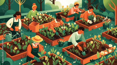 Group of people gardening in raised beds