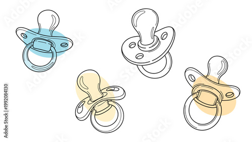 Set of cute baby pacifiers in different positions with blue and yellow accents in a simple line art illustration style.