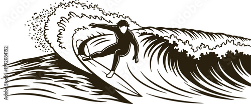 Surfer riding a large ocean wave in barrel with spray and foam, dynamic action shot.