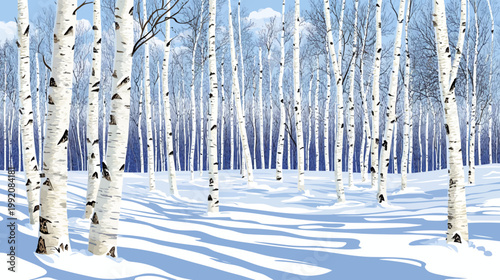 A winter scene featuring a birch forest with tall, slender white trees against a blue sky