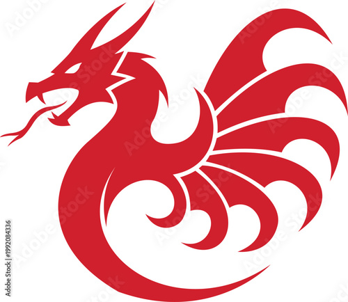 Red dragon logo vector with tribal wings and serpent tail minimalist mythological creature icon.