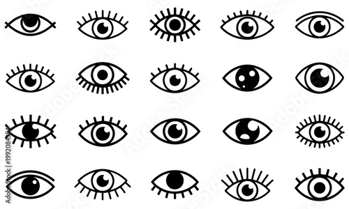 Set of diverse stylized human eyes in minimalist line art illustration for design and branding
