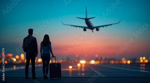 Romantic travel couple with suitcases watching airplane at sunset