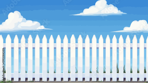 Pixelated illustration of a white picket fence under a bright blue sky with fluffy white clouds