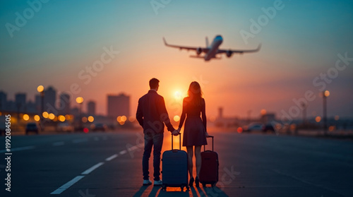 Romantic travel couple with suitcases watching airplane at sunset