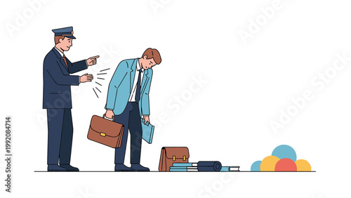 Illustration showing a police officer or security guard catching a stressed businessman with fallen luggage and colorful scattered balls.