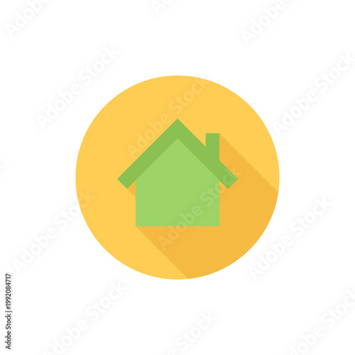 A simple green house icon on a yellow circle background