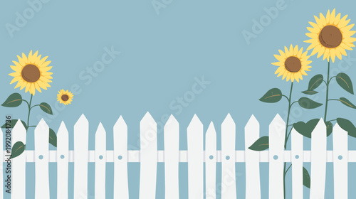 Illustration of sunflowers growing over a white picket fence against a blue background