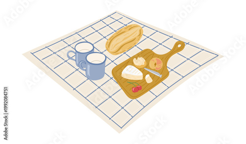 Illustration depicting a picnic scene with a wooden cheese board, various cheeses, a loaf of bread, and two blue mugs on a checkered tablecloth
