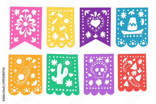 Colorful papel picado banners featuring traditional Mexican designs including flowers, musical instruments, and skulls, arranged in a vibrant display on a white background