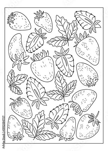 Black and white drawing featuring multiple strawberries and leaves in a decorative layout, ideal for coloring activities or artistic designs