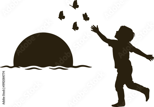 Child silhouette reaching for butterflies near sunset over water, childhood innocence, freedom and nature observation.