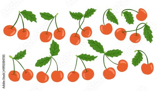 Collection of illustrated cherry fruits with green leaves in various orientations on a white background, showcasing vibrant colors and distinct shapes
