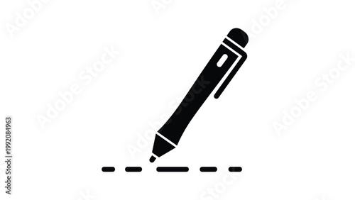 Simple black and white icon of a ballpoint pen drawing a dashed line representing writing signing documents and creative work processes.