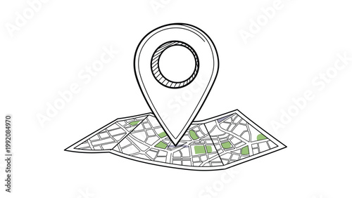 Hand-drawn map illustration with a large location pin icon representing travel navigation tourism and geographical destinations.