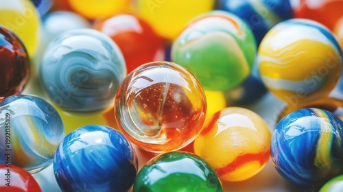 Close up of glass marbles in a vibrant colorful collection