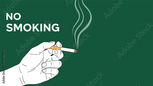 No smoking sign featuring a hand-drawn illustration of a hand holding a lit cigarette with smoke on a solid dark green background.