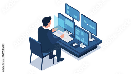 Isometric Businessman Working at Multi Monitor Computer Setup
