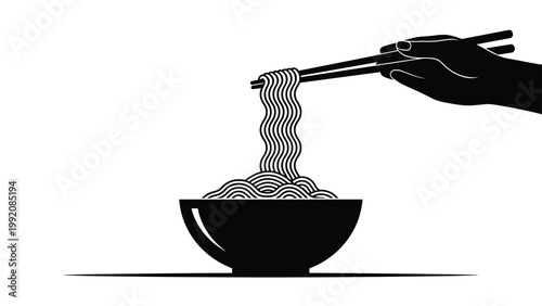 Stylized black and white silhouette of a bowl of ramen noodles being lifted by a pair of chopsticks for asian cuisine branding.