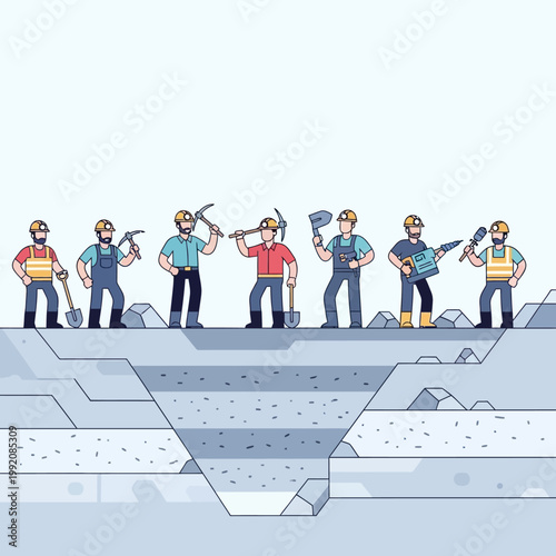 Miners with Tools in Open Pit Mine - Construction and Industry Concept