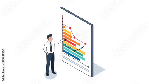 Businessman Presenting Financial Decline Report with Bar Chart