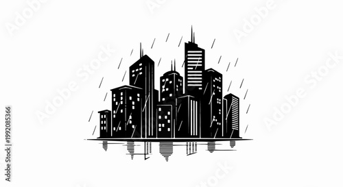 Stylized black and white city skyline with falling rain and reflection