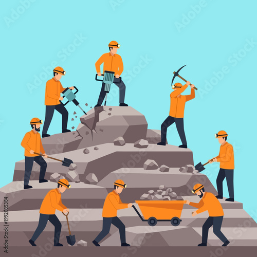Miners working on mountain, digging rocks with tools and cart