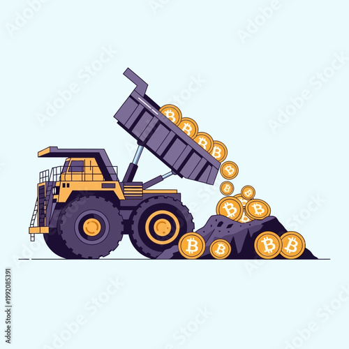 Mining dump truck unloading bitcoin coins into a pile, cryptocurrency mining concept