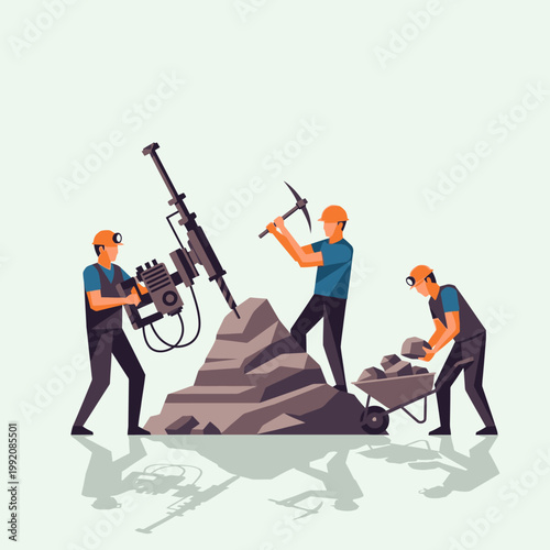 Miners drilling and loading rocks with heavy machinery and tools
